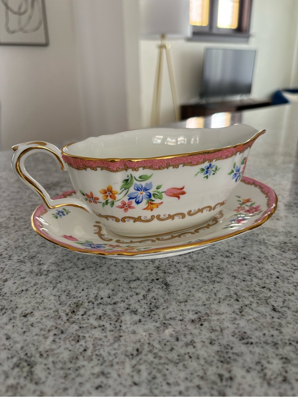 Crown Staffordshire fine bone china gravy boat and under plate vtg pink tunis